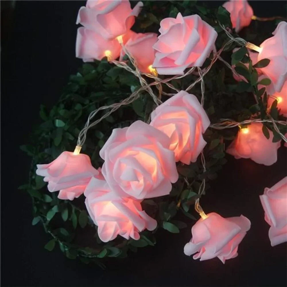 Pink Rose Flower String Lights Battery Operated Warm LED Wedding Party Decor